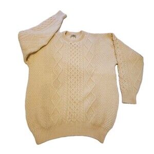 Rare Vintage LL Bean Sweater Mens Sz XL Long Ivory Fisherman Wool Cable Knit USA
